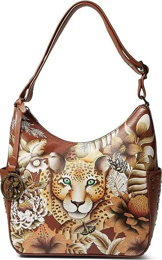 Anuschka 433 Classic Hobo With Studded Side Pockets (Cleopatra's Leopard Tan) Handbags
