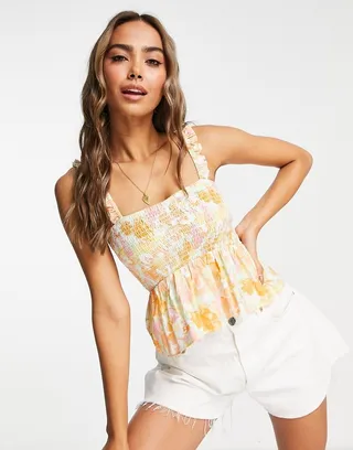 Miss Selfridge shirred frill strap cami top in handpainted floral