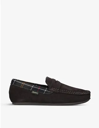 Mens Brown Porterfield Checked-trim Suede and Cotton Slippers