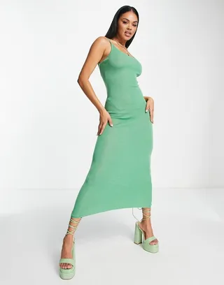SNDYS fine rib skinny strap low back midi dress in green