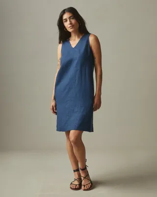 Linen V-Neck A-Line Dress - Nautical Blue