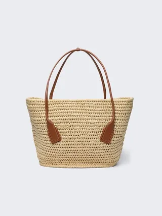 Crochet Raffia Tote Bag Natural Wood