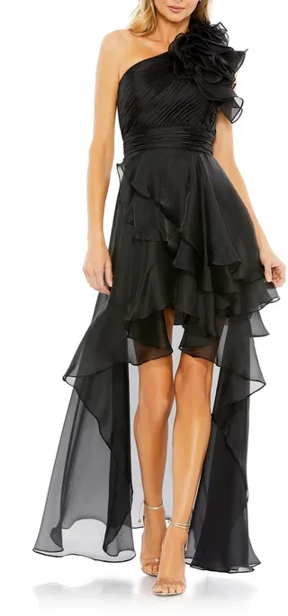 Rosette One-Shoulder High-Low Gown