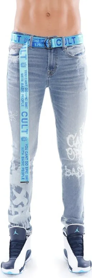 Cult of Individuality Punk Super Skinny Belted Stretch Jeans In Spray - Blue