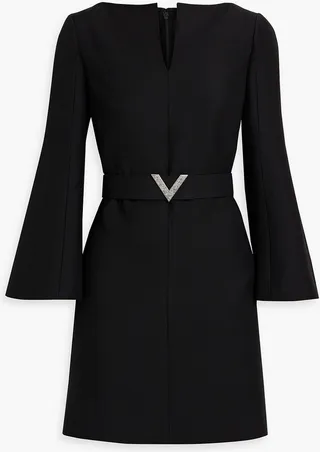 Belted wool and silk-blend crepe mini dress