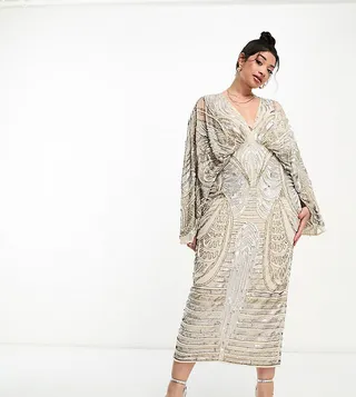 ASOS EDITION Curve kimono sleeve midi dress with sequin & pearl embellishment in pale gray
