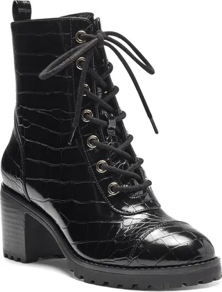 Samira Womens Crocodile Print Block Heel Combat & Lace-up Boots