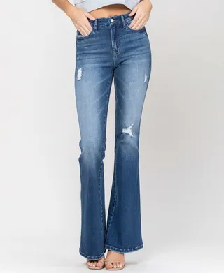 Women's High Rise Seamless Waistband Distressed Flare Jeans