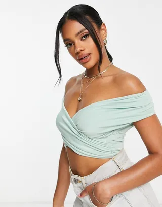 ASOS DESIGN cross over bardot top with short sleeves in sage