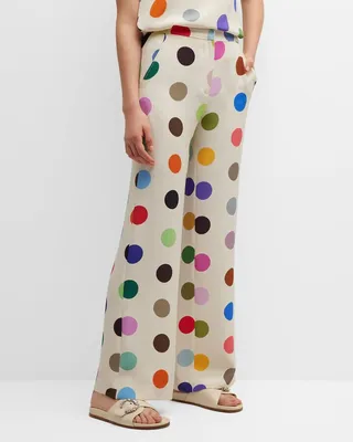 Spots-Print Wide-Leg Silk Pants