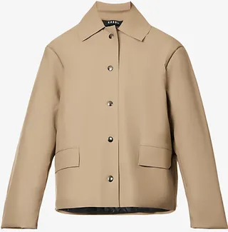 Womens Taupe Collared Flap-pocket Faux-leather Coat