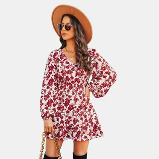 Women's Floral Buttoned Mini Dress - Cupshe-L-Red