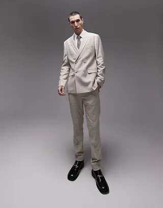 Topman skinny stacker mini check suit pants in brown