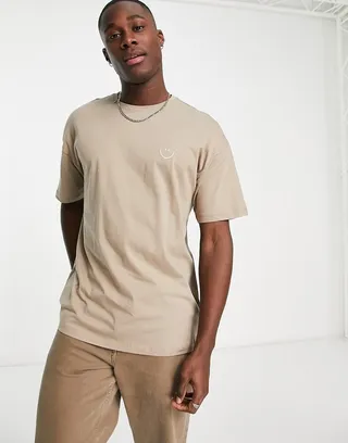 New Look oversized smile embroidered t-shirt in light brown