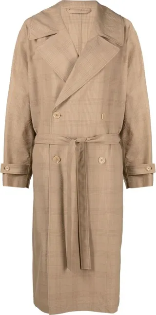 Neutral Check Double-Breasted Wool Coat