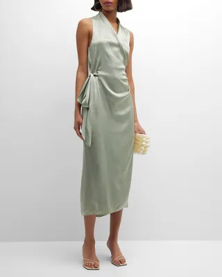 Sleeveless Draped Midi Wrap Dress