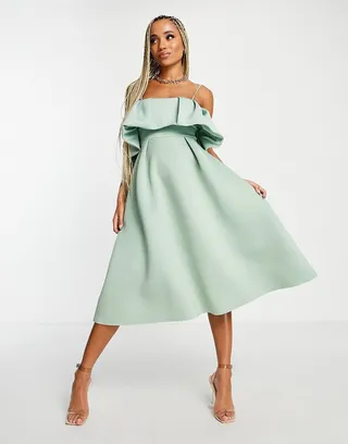 ASOS DESIGN fan detail midi prom dress in sage