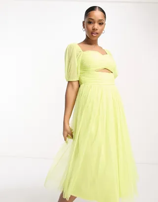 Anaya cut-out puff sleeve midi dress in lime