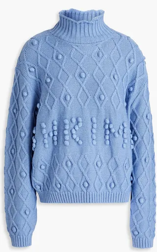 Cornelia pompom-embellished cable-knit merino wool-blend turtleneck sweater