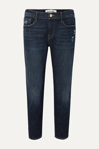 FRAME - Le Garcon Cropped Distressed Slim Boyfriend Jeans - Blue