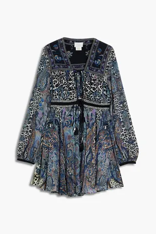 Tasseled printed silk crepe de chine mini dress