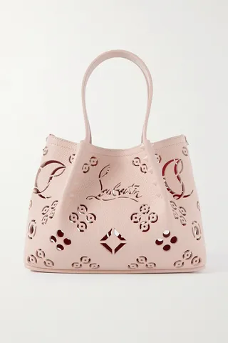 Christian Louboutin - Cabarock Mini Studded Laser-cut Textured-leather Tote - Neutrals
