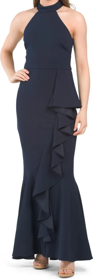 Made In Usa Halter Neck Ruffle Gown