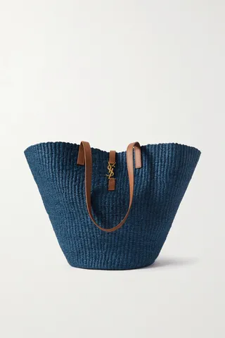 SAINT LAURENT - Panier Medium Leather-trimmed Raffia Tote - Blue