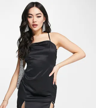 ASYOU satin split hem diamante trim cami dress in black