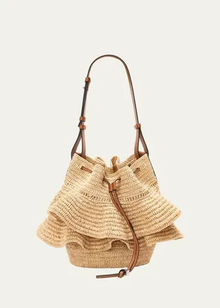 x Paula’s Ibiza Balloon Ruffled Raffia Shoulder Bag