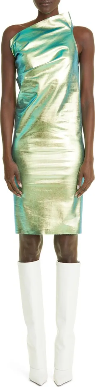 Athena Iridescent One-Shoulder Coated Denim Dress