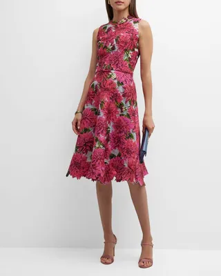 Dahlia Print Belted Coupe Midi Dress with Embroidered Trim