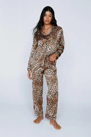 Nasty Gal Womens Satin Leopard Print Pajama Pants Set