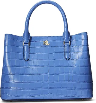 Embossed Leather Medium Marcy Satchel Cross-body Bag Slate Blue