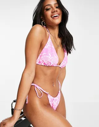 ASOS DESIGN channel tie side bikini bottom in neon snake print