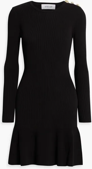 Fluted button-embellished cotton-blend mini dress