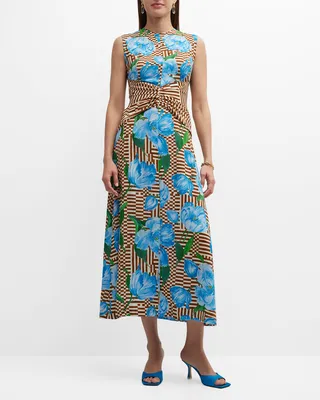 Check Floral-Print Sleeveless Ruched Midi Dress