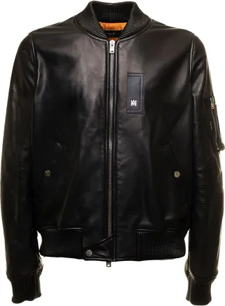 Black Aviator Bomber Jacket In Leather And Knitted Wool Amiri Man