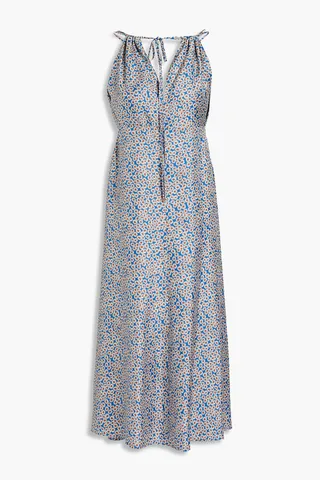 Gathered floral-print silk-twill midi dress