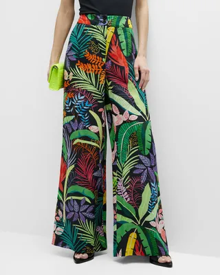 High-Rise Wide-Leg Botanical-Print Pants