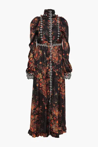 Embroidered ruffled floral-print satin midi dress