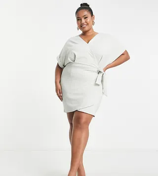 ASOS DESIGN Curve textured short sleeve mini wrap dress in gray