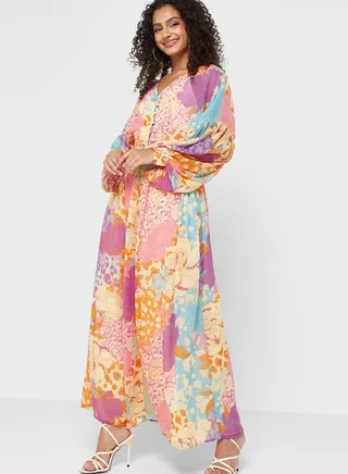 Front Split Printed Shirred Dress
