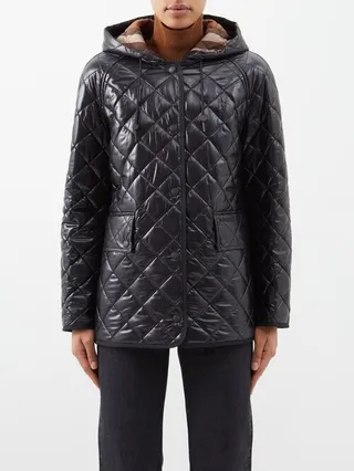 Diamond-quilted Lacquered Hooded Jacket