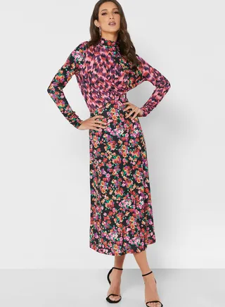 High Neck Floral Print Dress