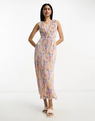 ASOS DESIGN wrap plisse midi dress with tie detail in ditsy floral