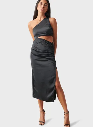 One Shoulder Cut Out Side Slit Ruched Dress