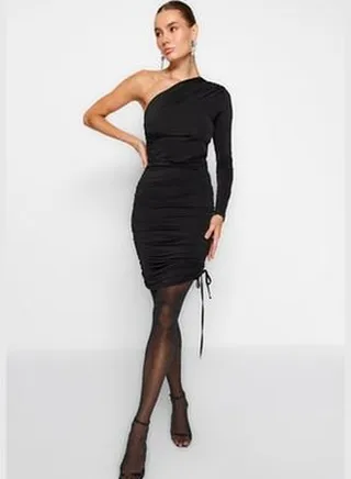 Black Fitted Knitted One Sleeve Elegant Evening Dress TPRAW24EL00058