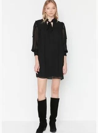 Black Mini Woven Lined Collar Dress TWOAW23EL00947