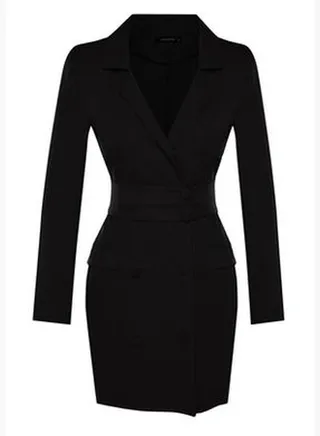 Mini Button Detailed Woven Dress With A Belt In Black TWOAW24EL00497